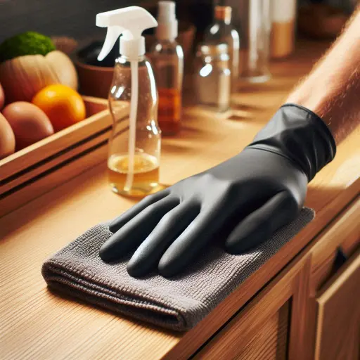 Wooden table being dusted as part of regular home cleaning